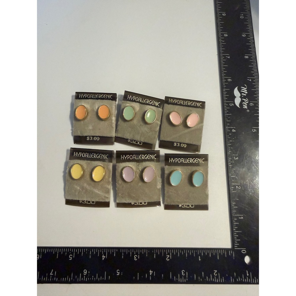 6 Pairs Pastel Enamel Oval Stud Earrings Hypoallergenic Gold Tone Multi NOS
